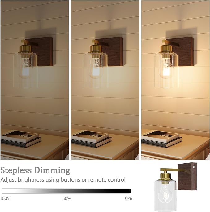 Rayogale Wireless Battery Operated Wall Sconce Set of 2 with Remote Control | Gold & Walnut Dimmable Rechargeable Wall Lights with Timer, Easy Install Glass Lamp for Living Room Bedroom, Emergency 3000K