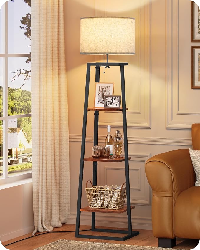 Floor Lamp with 3-Tier Storage Shelves, Standing Floor Lamp with Pull Chain Switch, Shelf Floor Lamp for Living Room, Bedroom, Office,Bulb Not Included, Rustic Brown and Beige FE34LD05