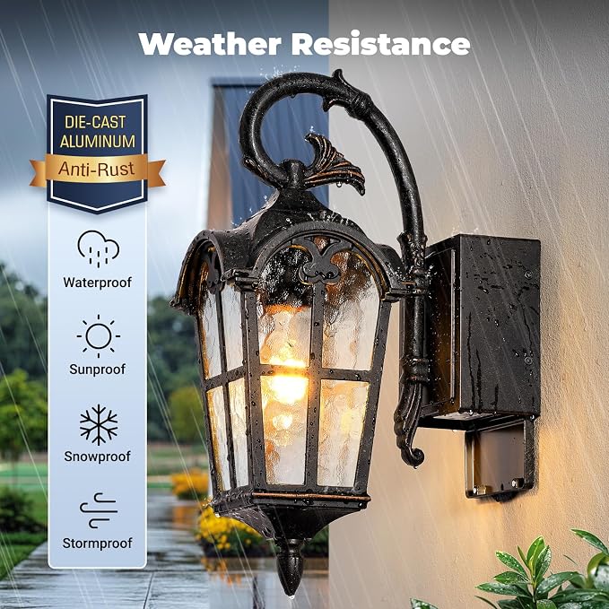 Outdoor Porch Light with Outlet, Oil-Rubbed Bronze Outdoor Porch Lights Wall Mount, Rust-Proof Aluminum Exterior Sconce Light, Waterproof Vintage Dusk to Dawn Outside Wall Lights for Garage