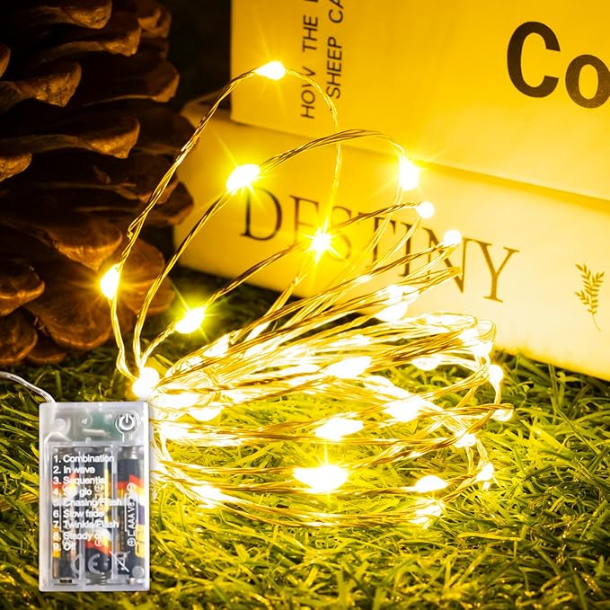 Fairy Lights Battery Operated, 8 Modes & Auto Timer, Warm White 16FT 50Led Mini Twinkle Silver Wire Mason Jar Lights, Waterproof Starry Firefly for Parties (1/2/4 Pack)