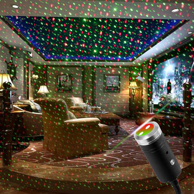 USB Star Light Sound Activated Projector, 3 Colors + 9 Lighting Effects, Aevdor Auto Roof Star Romantic USB Night Light for Bedroom, Car, Party, Ceiling and More- Plug and Play (Red & Green)
