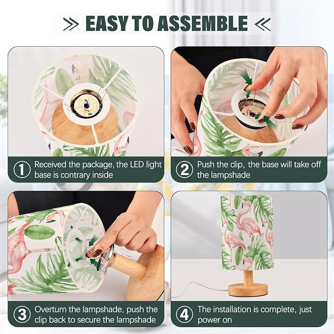 Light Pink Flamingos Tropical Leaves Bedside Table Lamps with USB Port for Bedroom Lamp Accent Table Lamp Small Nightstand Lamp Sturdy Linen Shade Wooden Decorative Lamps for Office Dorm Home
