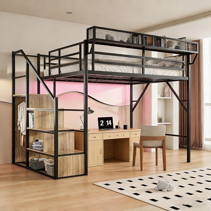 Queen Size Metal Loft Bed with Storage Shelf Built-in USB Port | Heavy Duty Loft Bed with Storage Stairs & Wardrobe+ LED Lights, Large Under-Bed Area, Noise Free, No Box Spring Needed