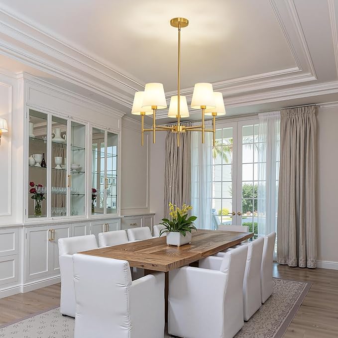 Dining Room Chandeliers Light - 5-Light Gold Modern Chandeliers Light Fixtures with White Fabric Shade, Height Adjustable Pendant Island Light for Entryway Farmhouse