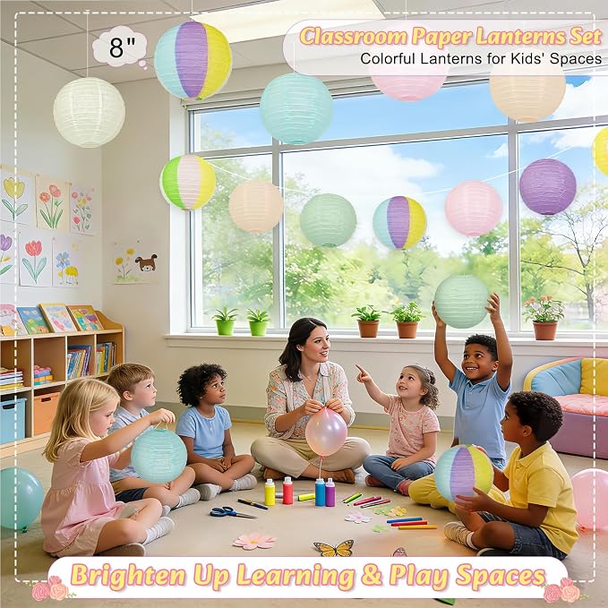 12 Pcs Pastel Paper Lanterns - 8" Hanging Round Paper Lanterns for Pastel Classroom Decor, Baby Shower Decorations, Birthday, Wedding Spring Party & Office Decor