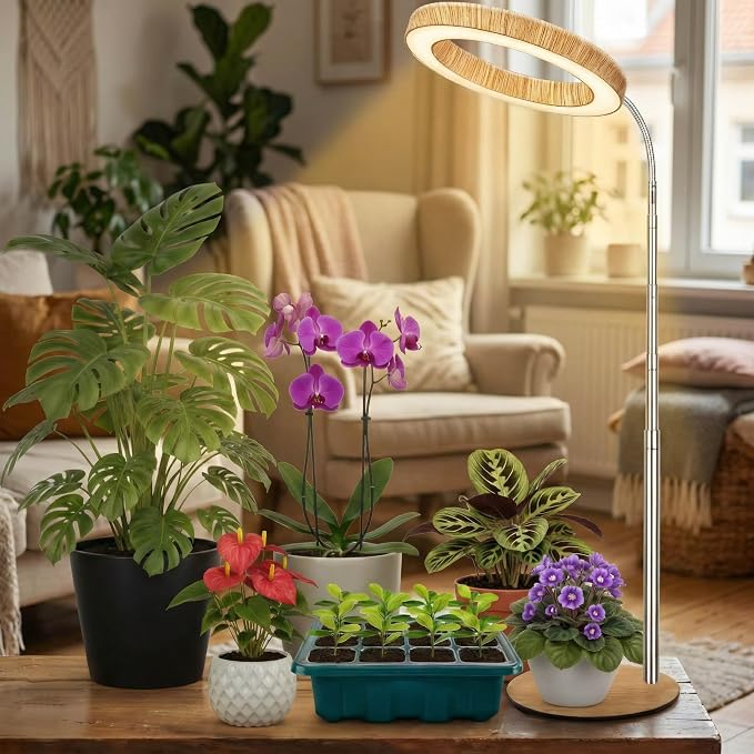 Grow Light for Indoor Plants Full Spectrum, Desk LED Plant Light with Faux Wood Grain, 12"-43" Height Adjustable, Auto On/Off Timer 3/9/12H, 3 Modes 10 Dimmable Levels for Succulents