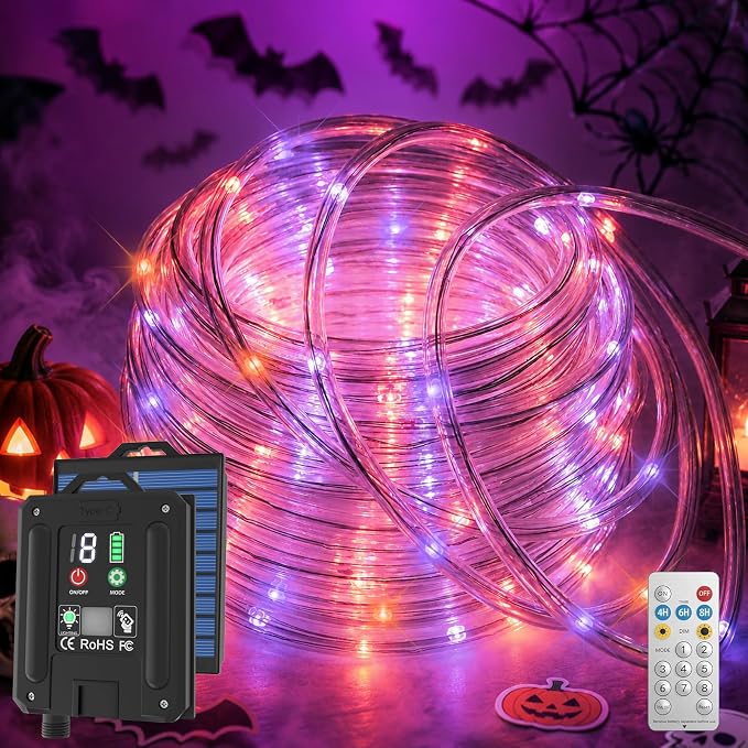 Halloween Decoration Solar Rope Lights 66FT 200LED 1800mAh -Purple & Orange | Type C & Solar, With Remote, Waterproof, Timing, 8 Modes, for Halloween Party Autumn Christmas Decoration