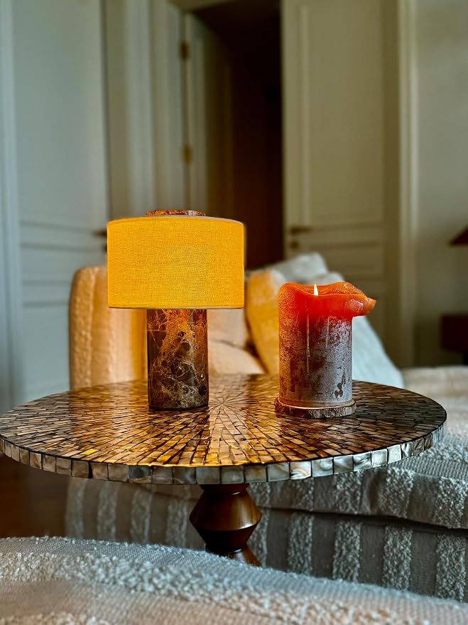 Marble Lamp, Stone Table Lamps Collection - Modern Cylindrical Lampshade Cordless Luxury Design Bedside Brown Lamp for Home Decor, Bedroom, Living Room & Office (Rechargeable Emperador Dark Lamp)
