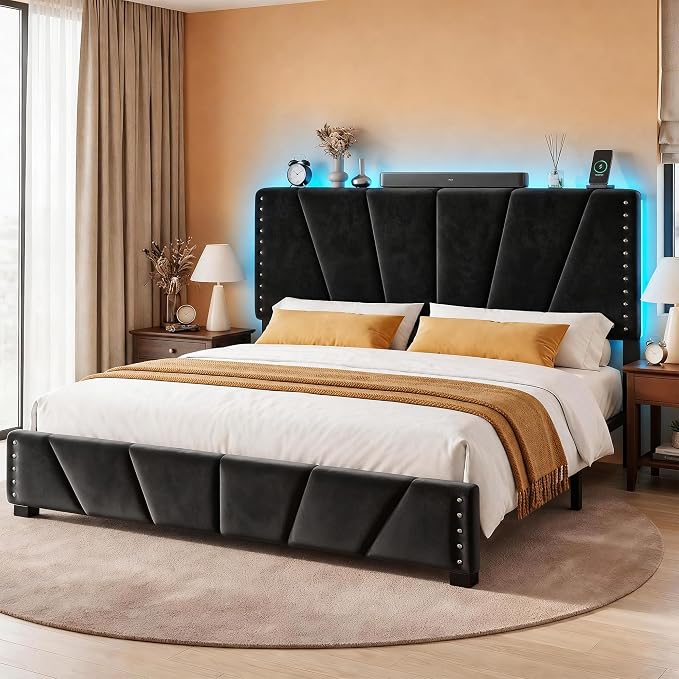 EnHomee King Size Bed Frame with LED Lights & USB, Noise-Free, Black | Adjustable Velvet Headboard，Under-Bed Storage，Heavy Duty Support with 12 Slats，No Box Spring Needed，Easy Assembly for Bedroom