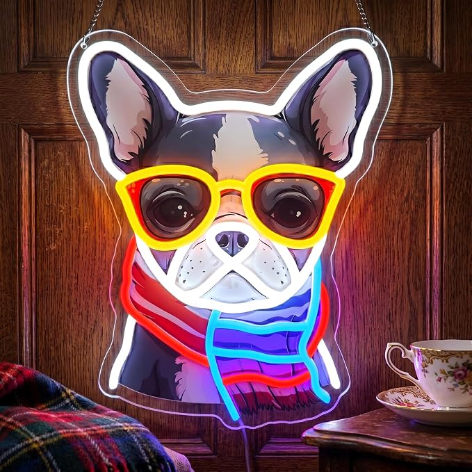 French Bulldog Neon Sign, Bull Dog Led Sign for Wall Decor, Usb Powered Adjustable Brightness Frenchie Wearing a Scarf Led Light for Bedroom Pet Rooms Bar Pub Party Decor, Unique Gift
