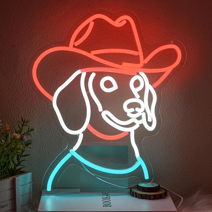 Cowboy Dachshund Neon Sign for Wall Decor Wiener Dog Neon Light Animal Led Signs Colorful Neon Light Up Sign for Bedroom Pet Shop Zoo Mall Decoration