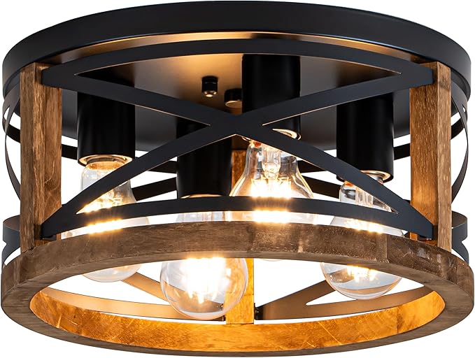 Farmhouse Light Fixtures, 4-Light Round Flush Mount Ceiling Light with Wood and Metal Frame, Black Rustic Ceiling Light for Hallway, Entryway, Bedroom, Kitchen