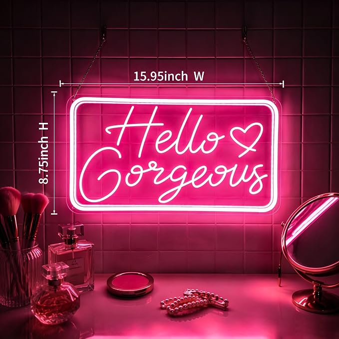 "Hello Gorgeous" Pink LED Neon Sign – Dimmable Motion Sensor Light Up Signs for Wall Decor,USB Powered Acrylic Neon Signs for Bedroom, Girls Room, 16.5"x9", Pink Light