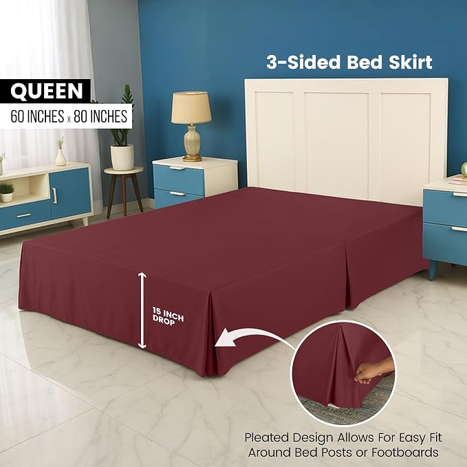 Utopia Bedding Queen Bed Skirt - Soft Quadruple Pleated Ruffle - Easy Fit with 16 Inch Tailored Drop - Hotel Quality, Shrinkage and Fade Resistant (Queen, Burgundy) | Easy Fit Design, Shrinkage & Fade Resistant, Hotel Style, Microfiber Durable Fabric, ...