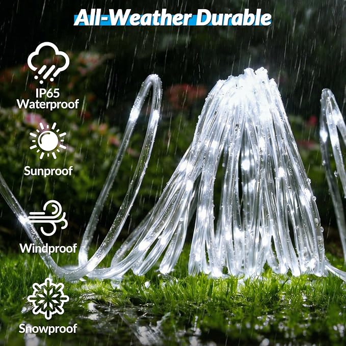 Solar Rope Lights, 33FT 100 LED Solar Fairy Lights with 8 Lighting Modes, IP65 Waterproof Strip Light Outdoor for Garden Yard Patio Deck Fence Tree Party Holiday Decoration, Cold White