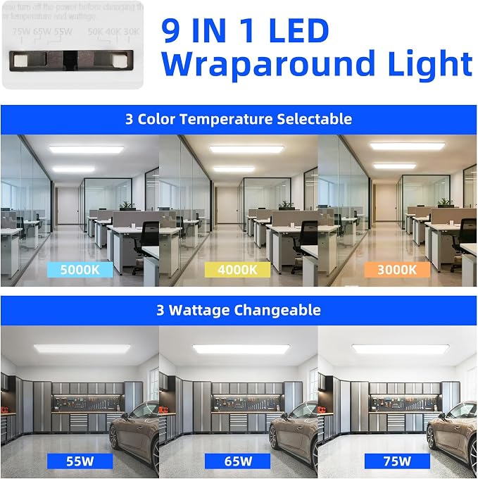 hykolity 4FT 7" Width LED Wraparound Light with 3 Wattages/3 CCT Selectable | 4 Foot LED Wrap Light Fixture Flush Mount, Hardwired, Replaces 2 Lamp 32W Fluorescent, for Office Ceiling Light, ETL,1 Pack