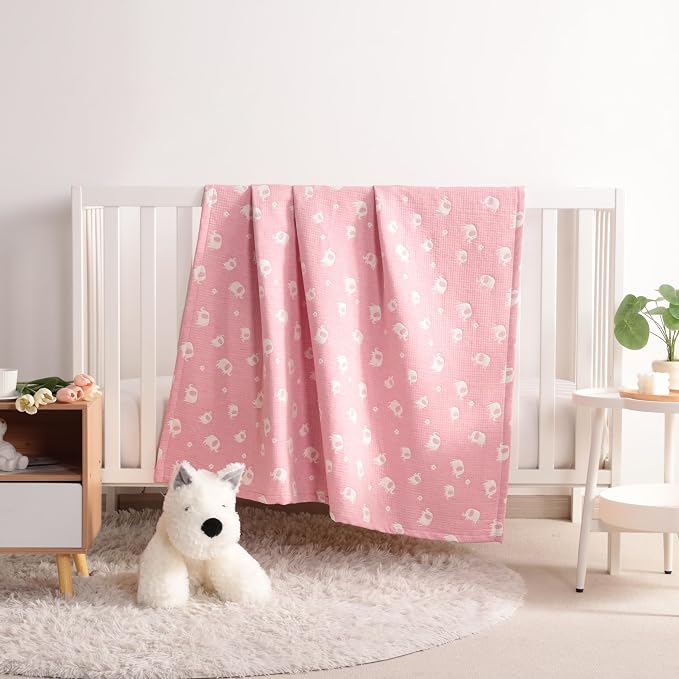 NTBAY 3 Layer Muslin Toddler Blanket, 30 x 40, Pink Elephant | Breathable Muslin Cotton Outer Layers with Light Thermal Fill, Reversible for Stroller, Daycare, Travel, and Supervised Use