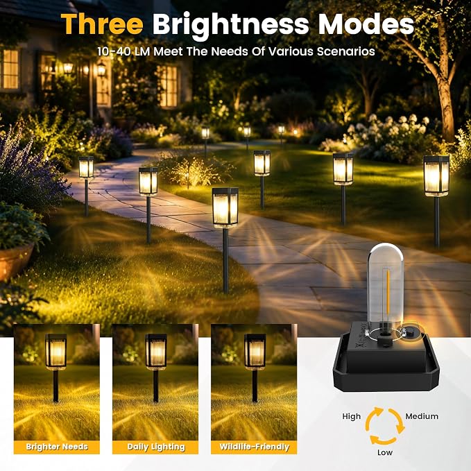 10-40 LM Solar Pathway Lights 3 Brightness Modes 8 Pack | Solar Lights Outdoor Waterproof IP65 Garden Lights Solar Powered for Walkway Driveway Yard Patio Decor (Warm White)