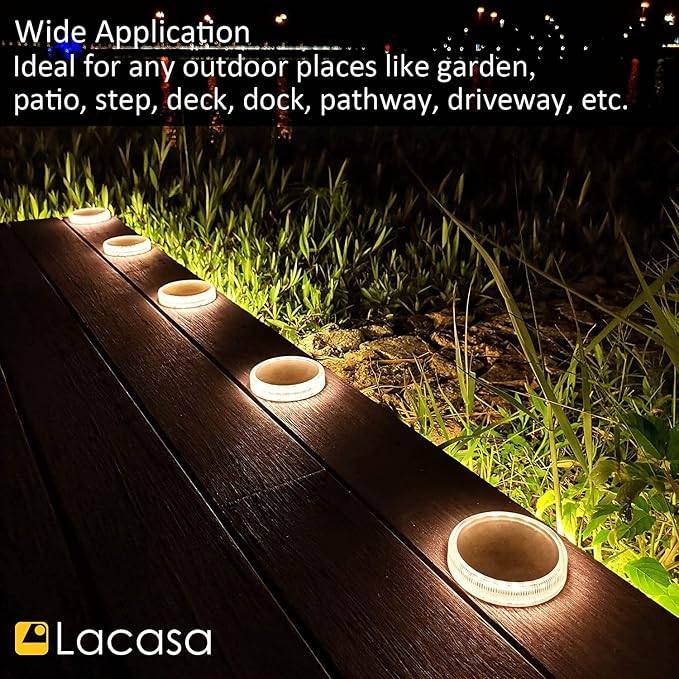 Lacasa Solar Deck Lights, Driveway Walkway Dock Light Solar Powered Outdoor Waterproof Stair Step Pathway Ground LED Lamp for Backyard Patio Garden, Auto On/Off - Warm White - 4 Pack