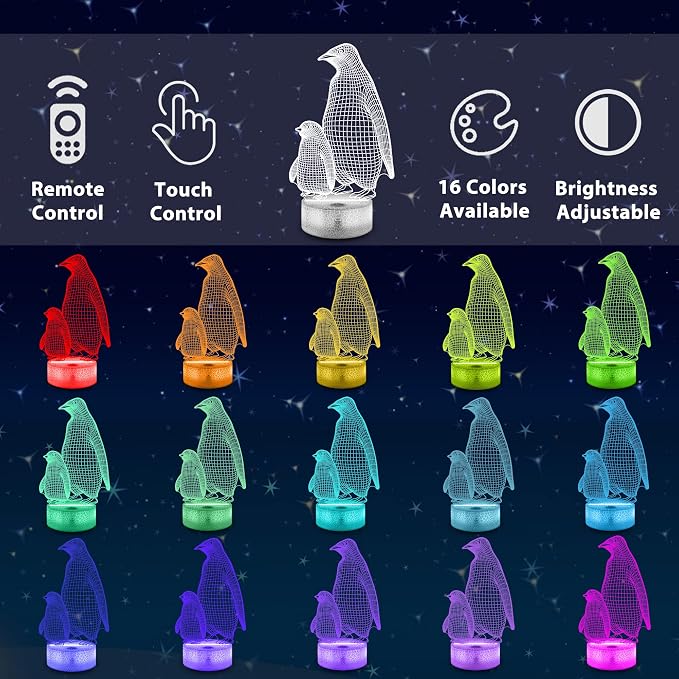 Lampeez Penguin Gift, Penguin 3D Night Light for Kids, 16 Colors Changing Illusion Lamp with Remote Control Dimmable Function 4 Flashing Mode, Kids Bedroom Decor Gifts for Boys Girls