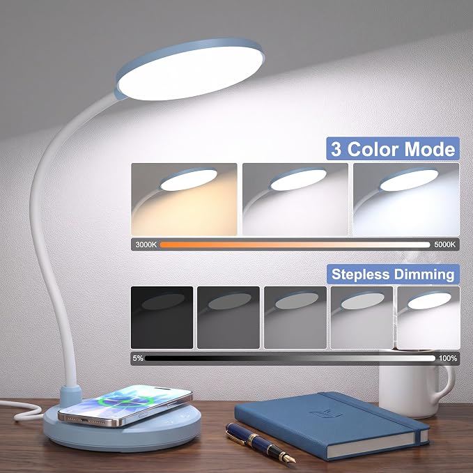 Blue Desk Lamp, Table Lamp with Wireless Charger, 800LM, CRI95+ | 3 Color Modes, Stepless Dimming, Small Desk Lamp with Adjustable Neck, Desk Light for Reading, Bedside, Dorm, with Adapter