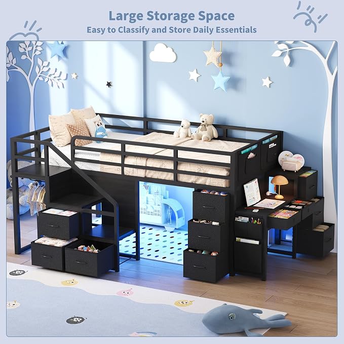 Twin Loft Bed with Desk, RGB Lights & Under Bed Play Fort, Black | 11 Storage Drawers, Clothes Rack, Pockets, Wide Step Stairs, 11.8''H Safety Guardrail, Built-in Charging Station