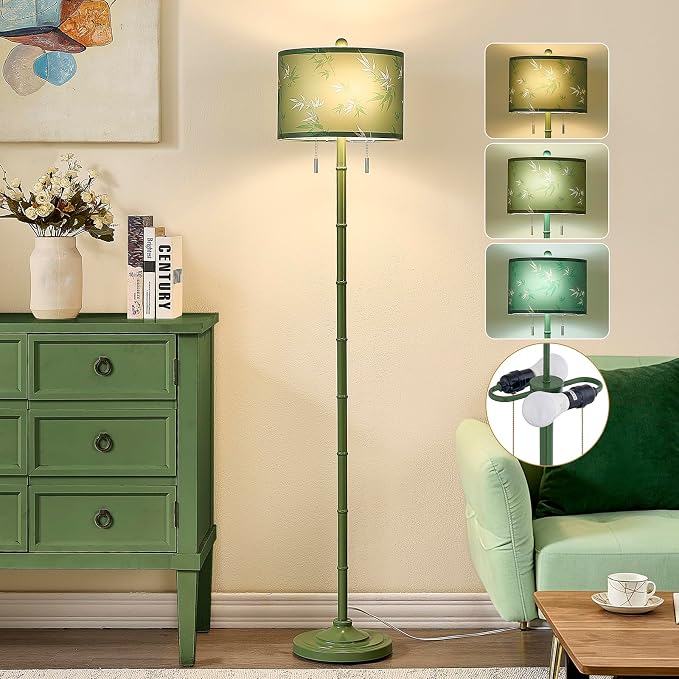 Upgraded 2-Light Mid Century Modern Green Floor Lamp for Living Room | 63.5'' Tall Floor Lamp with 3 Color Temp Bulbs, Living Room Lamp with Chain Switch, Standing Lamp for Bedroom, Office, Corner