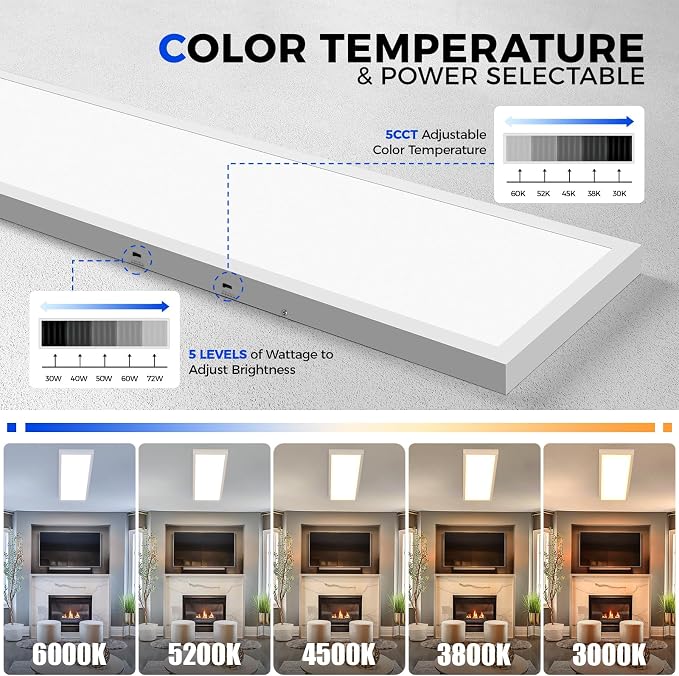 Barrina 1x4 LED Flat Panel Light, 8640LM 72W, 0-10V Dim, 5CCT 3000K-6000K | Dimmable 4FT LED Shop Light, Ceiling & Hanging Mount for Kitchen, Garage, Office, Ultra Thin Design, Dissipate Heat, 2 Packs