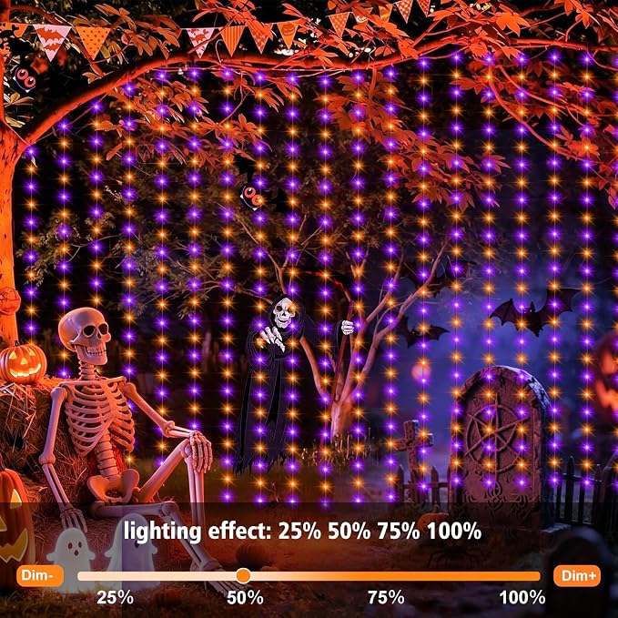 echosari Halloween Curtain Lights Battery Operated 9.8 x 9.8Ft | 300 LED Twinkle Lights Timer for Bedroom Wedding Backdrop Decor Orange & Purple