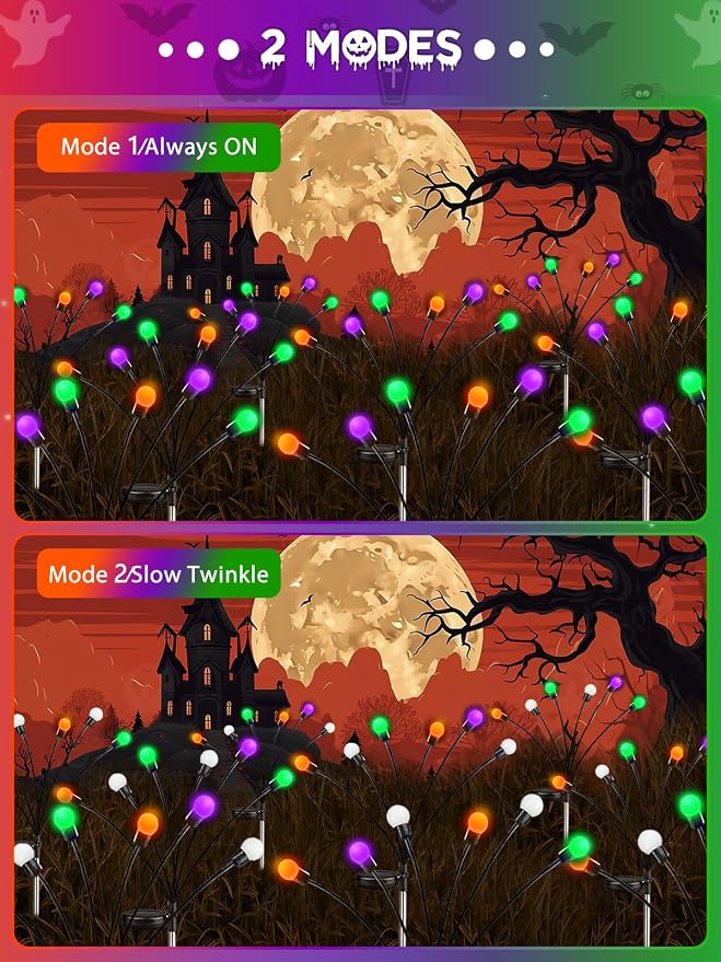Halloween Decor Outdoor Solar Firefly Lights 6PK 48 LED Orange Purple Green | 2 Lighting Modes, Memory Function and Auto On/Off, Sway with Wind, Waterproof Halloween Decor for Outside Horror Party Garden