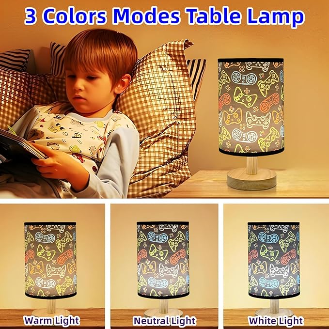 Video Game Table Lamp Kids Bedside Lamps for Bedroom 3 Colors Dimmable Nightstand Night Light Game Lover Decorative Lights with Flaxen Fabric Shade Desk Lamp for Girls Boys Home Playroom Decor
