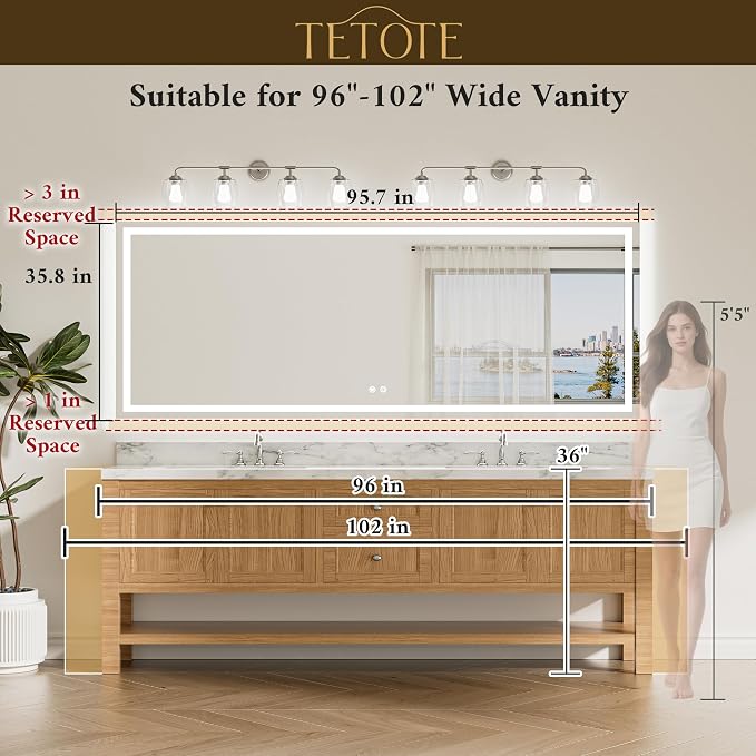 96 x 36 LED Lighted Bathroom Mirror with Lights Wall Mounted, Brighter Front and Backlit Led Vanity Mirror, 3-Color Dimmable Light up Anti Fog Mirror, Waterproof, Shatterproof Tempered Glass