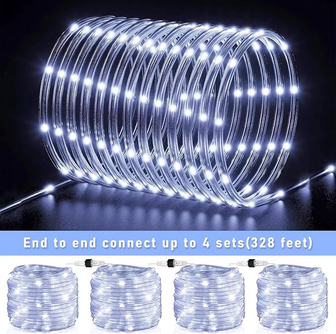 100FT 300 LED Rope Lights for Outside, Connectable Rope Lights Outdoor Waterproof with 8 Modes, Plug in Christmas String Lights for Deck, Garden, Patio, Landscape, Pool, Party Decorations - White