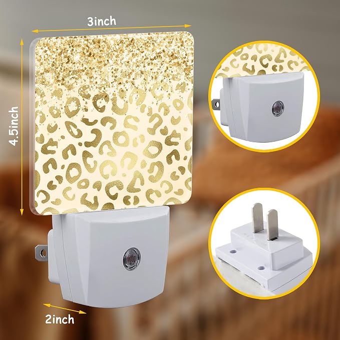 Night Light Plug Wall,Gold Glitter Leopard LED Night Lights with Dusk to Dawn Light Sensor for Women Girls Boys Room Decor,Hallway,Kitchen,Bathroom,Nursery,Stairs