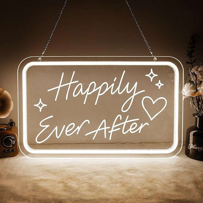 Happily Ever After LED Neon Sign Warm White Wedding LED Wall Light Letter Neon Lights Sign for Wall Decor USB Light Up Sign Neon for Home Bedroom Bar Pub Decor Valentine's Day Girls Gift Club Party