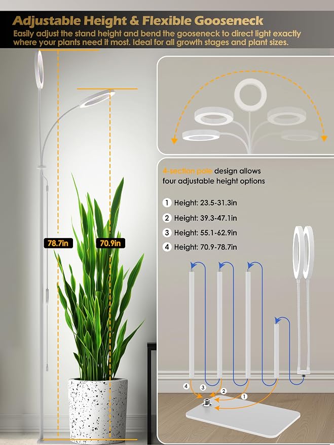 48W Grow Lights for Indoor Plants, Full Spectrum LED Plant Light with Stand | Dimmable, 3 Lighting Modes, 23"-79" Adjustable Height, Plant Growing Lamp with 3/9/12/16H Timer, White Dual Heads Floor Lamp