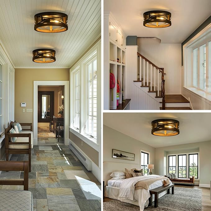 Farmhouse Ceiling Light, 2-Light Round Flush Mount Ceiling Light with Wood and Metal Frame, Black Rustic Light Fixture for Hallway, Entryway, Bedroom, Kitchen