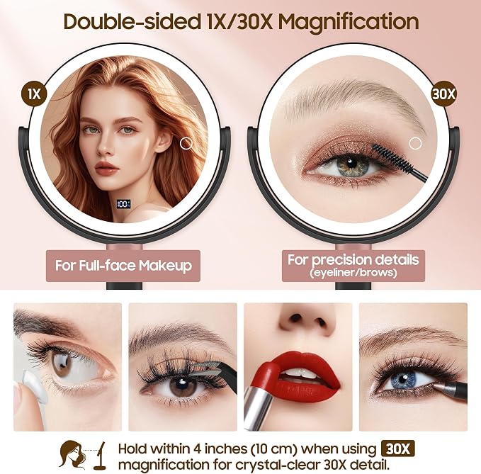 Makeup Magnifying Mirror with Light 30X/1X, Digital Display, 2-Sided Touch Control, Makeup Mirror with 3 Color Lights,360° Rotate, Height Adjustable Lighted Magnifying Mirrors for Desk Travel