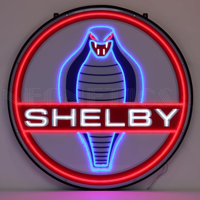 Shelby Cobra Round 36" Led Flex-Neon Sign In Steel Can by Neonetics, officially licensed by Carroll Shelby, bright red white and blue lighted tubes, measures 36 inches in diameter - sku 29SHCOB