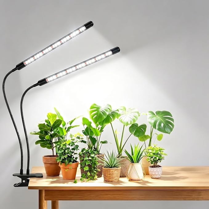 SDOVUERC Full Spectrum Grow Lights for Indoor Plants, Dual-Head Plant Lamps with Clips and 5 Dimmable Level and 6/12/18H Timer for Indoor Plant Growing.