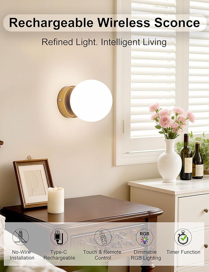 Battery Operated Rechargeable Wall Sconce Single, Brushed Gold Opal Glass Globe Wall Lamp, Wireless Touch & Remote Control, Dimmable 3 CCT + 12 RGB Colors for Bedroom Living Room Hallway