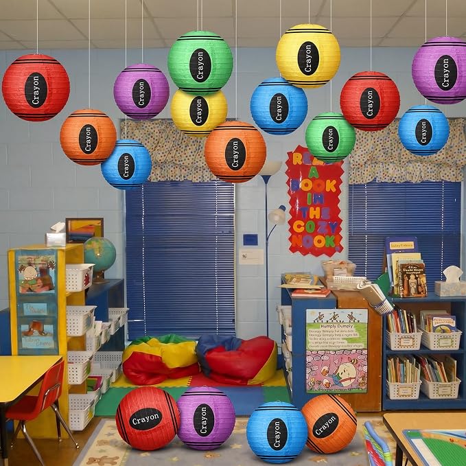 12 Pcs Back to School Classroom Crayon Paper Lanterns 10 Inch Crayon Classroom Hanging Decor for First Day of School Kindergarten Welcome Party Supplies