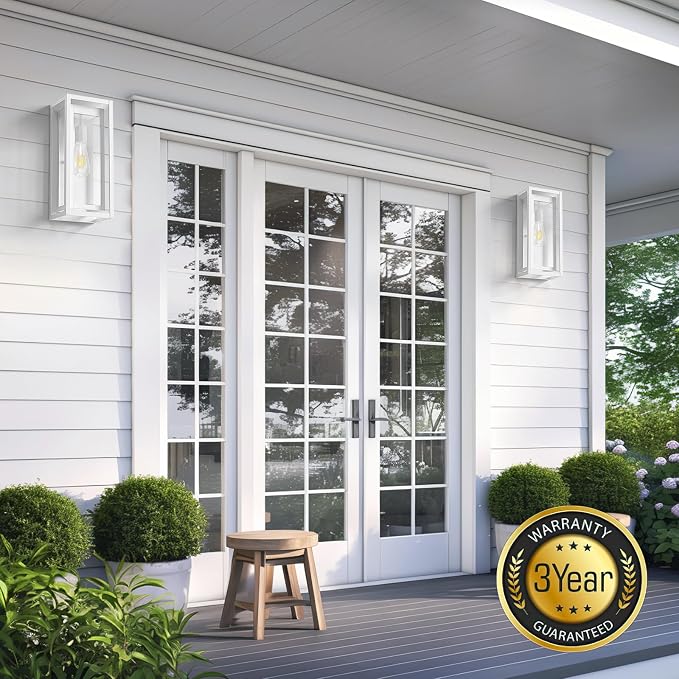 15" Outdoor Wall Lights, White Exterior Lighting Fixtures, 2 Pack | Large Size, Anti-Rust, Waterproof, Tempered Glass, Easy Installation, Modern & Classic Outdoor Sconces for House Porch Garage