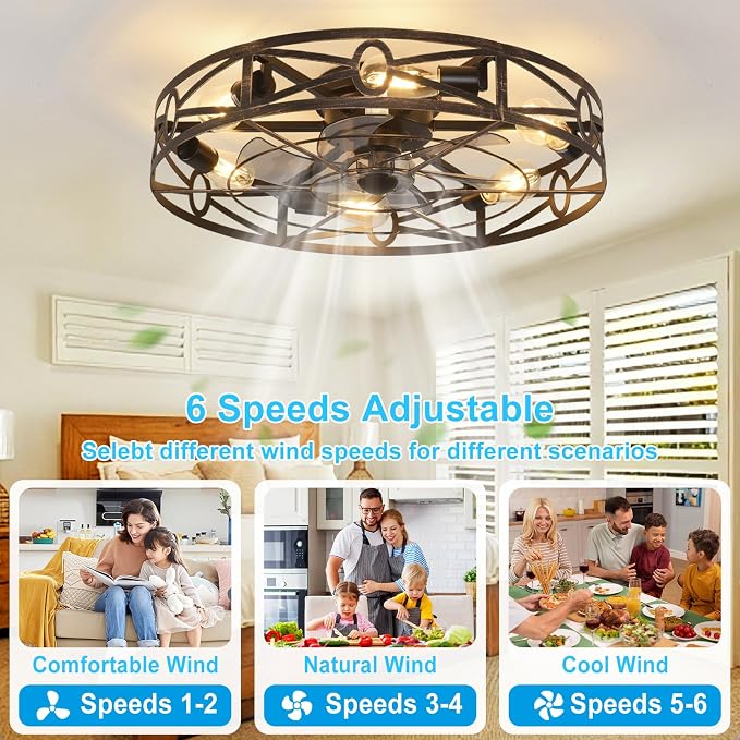 Depuley Flush Mount Ceiling Fan: 24" Caged Ceiling Fans with Remote Control for Patio Kitchen Bedroom - Low Profile Fandelier Lights Fixture Reversible 6 Speed Timer Brone 6*E26 Bulb Not Included