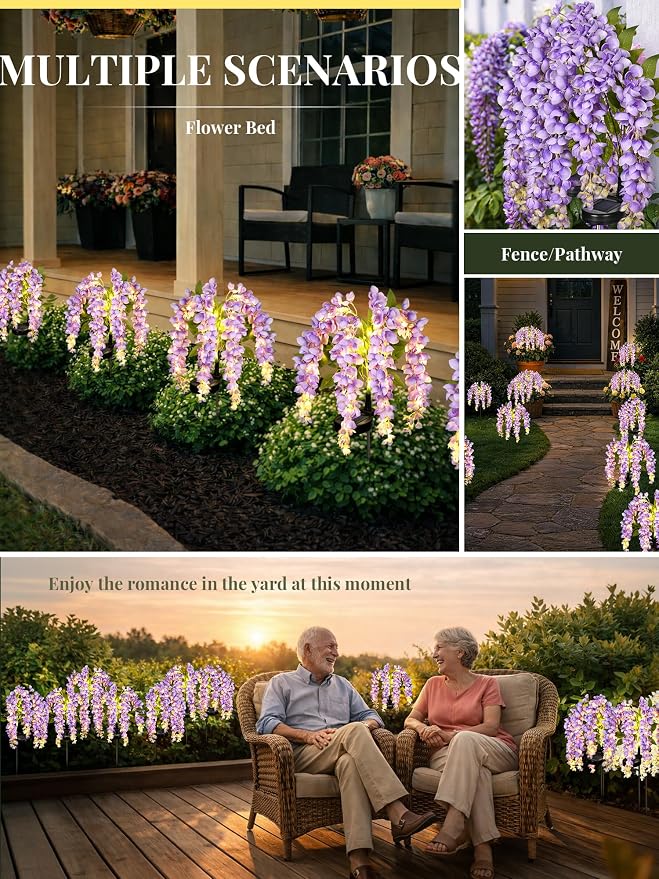 GIGALUMI 3 Pack Solar Wisteria Flowers Outdoor, 2 Modes, Purple | Flower Lights, IP65 Waterproof, Auto On/Off, Solar Powered, Garden Decor, for Pathway, Yard, Patio, Gardening Gifts for Women