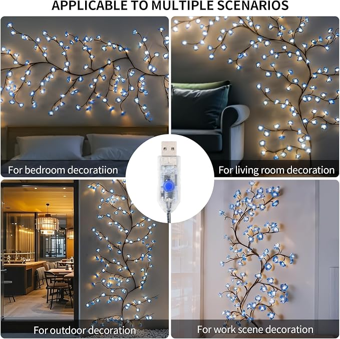 4FT 48LED Blue Cherry Blossom Tree Branch Lights for Wall, USB Battery Box | USB Blue Cherry Enchanted Willow Vine Lights with Remote Timer,8 Light Model, Indoor Bedroom Wall Doors Wedding, Christmas