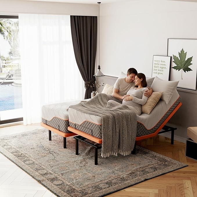 ESHINE Split King Adjustable Bed with 12" Hybrid Matt, 3000 Series | Luxury Memory Foam(Medium), Upholstered Bed Frames with Massage, Wireless Remote, Under Bed Night Light, Head/Foot Incline