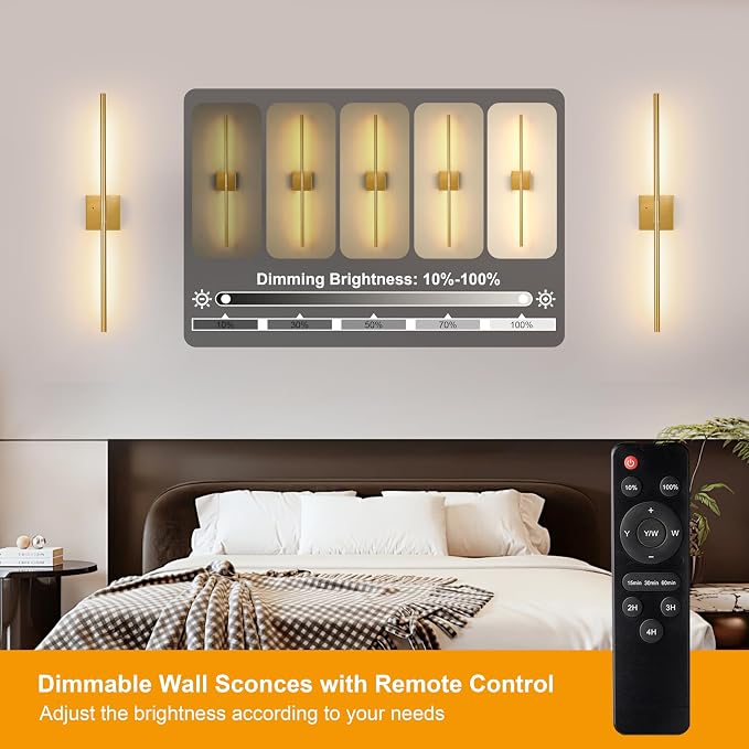 10000mAh Gold Battery Operated Wall Sconces Set of 2, 3 Color Dimmable Rechargeable Wall Light with Remote, 24 Inch Wireless Sconce Wall Lighting with Timer Function for Living Room, Bedroom, TV