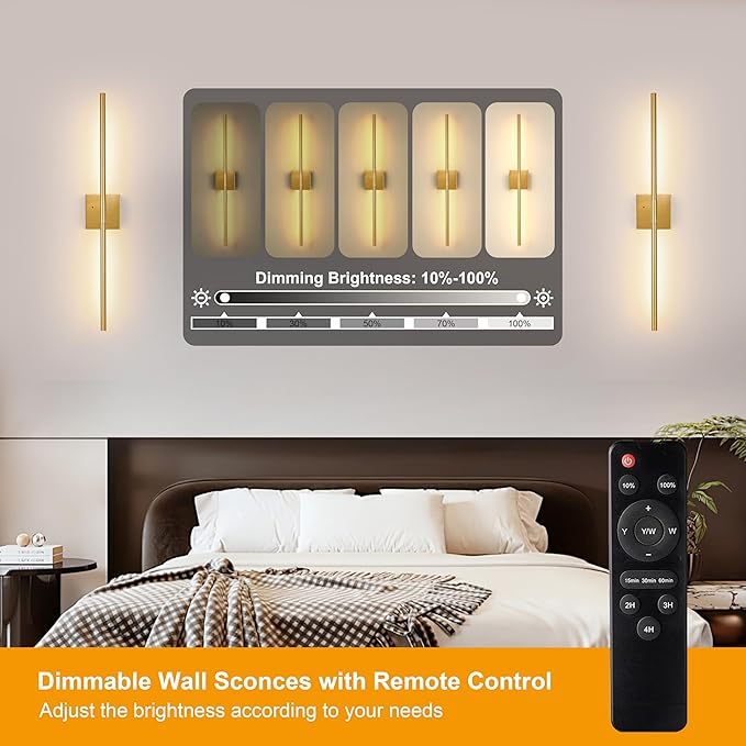 Gold Battery Operated Wall Sconces, Dimmable Wall Sconces with Remote Control, Rechargeable Sconces Wall Lighting, 40″ LED Wireless Wall Lights for Bedroom, Living Room, Bathroom