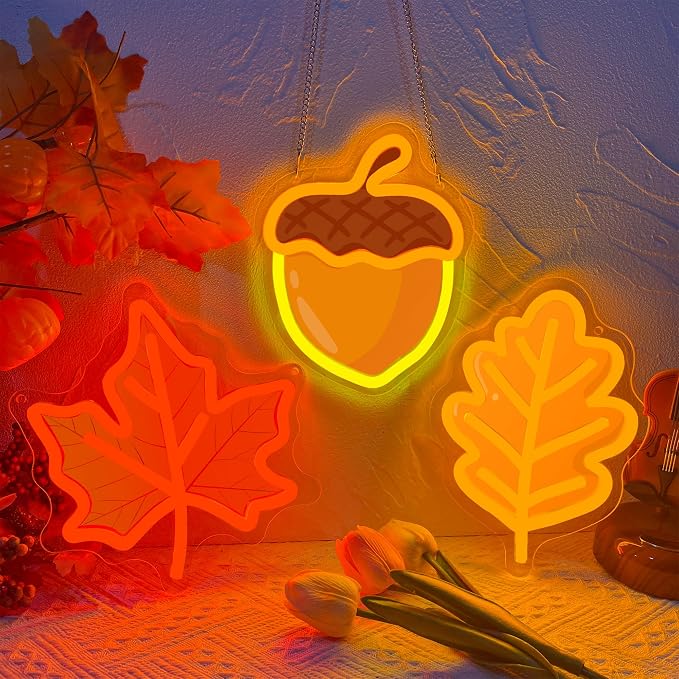 3Pcs Fall Thanksgiving Neon Signs UV-Printed Maple Leaf Acorn Led Neon Sign | USB UV-Printed Autumn Neon Light Up Sign for Mantel Porch Kitchen Wall Decor Harvest Party Thanksgiving Present